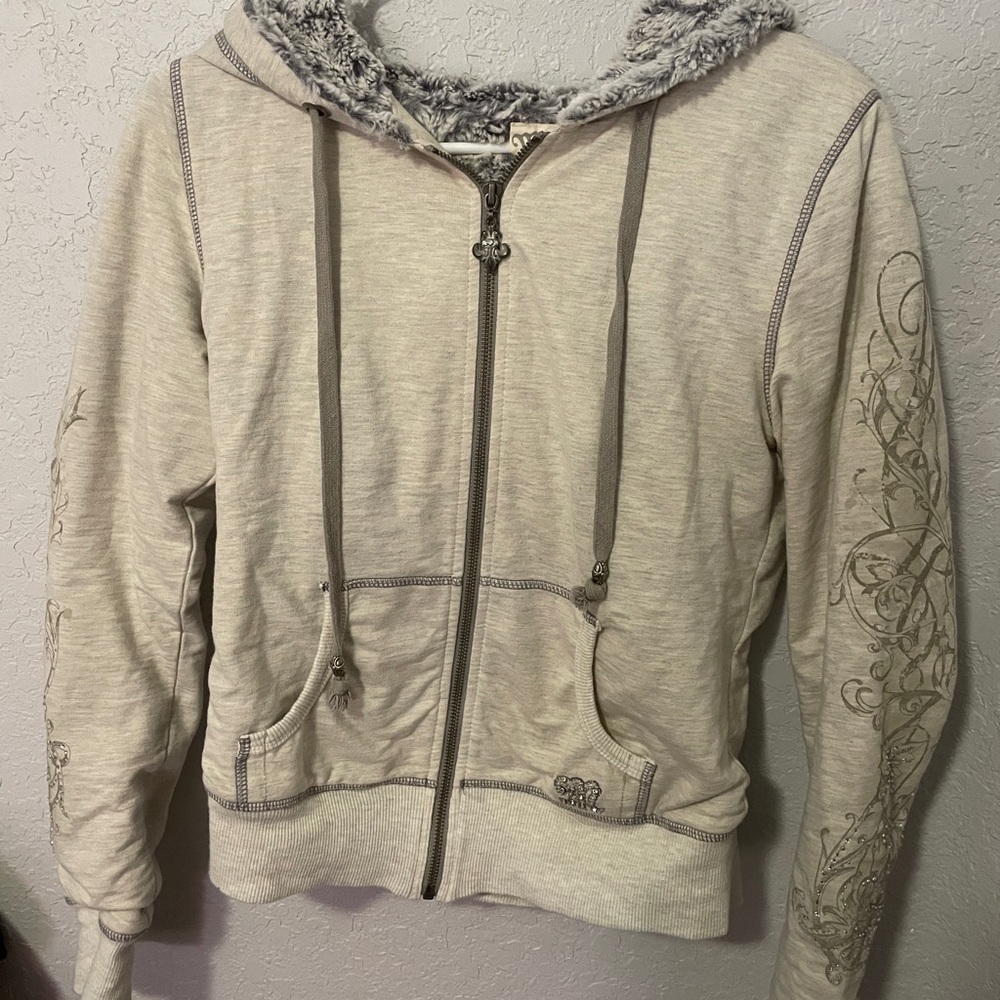 Miss Me Grey Full Zip Hoodie Beaded Medium